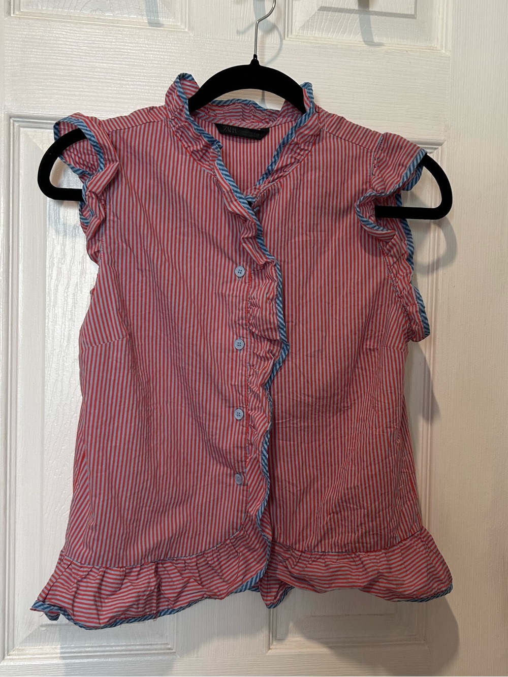 Zara Red and Blue Striped Ruffle Button-Up Top